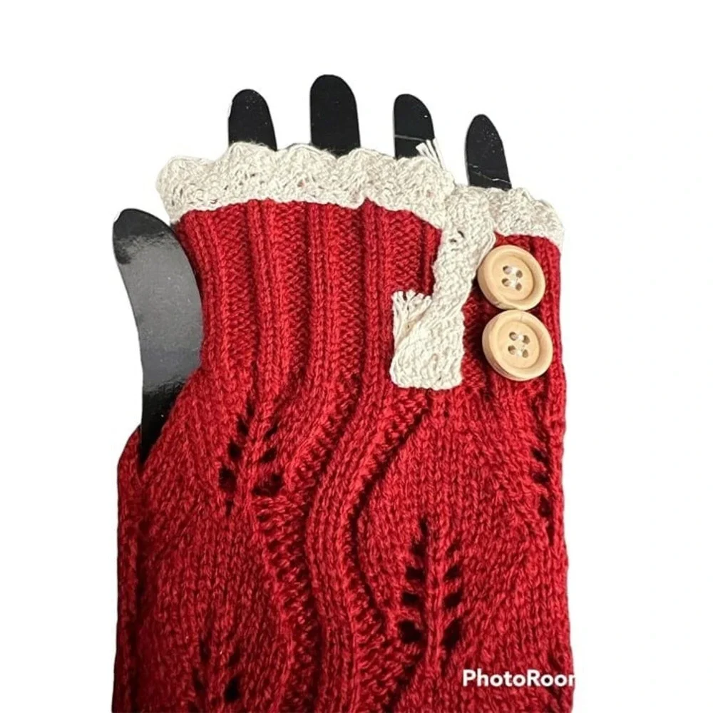 Burgundy Fingerless Gloves Wrist Hand‎ Warmers Cable Knit Crochet Lace Buttons A